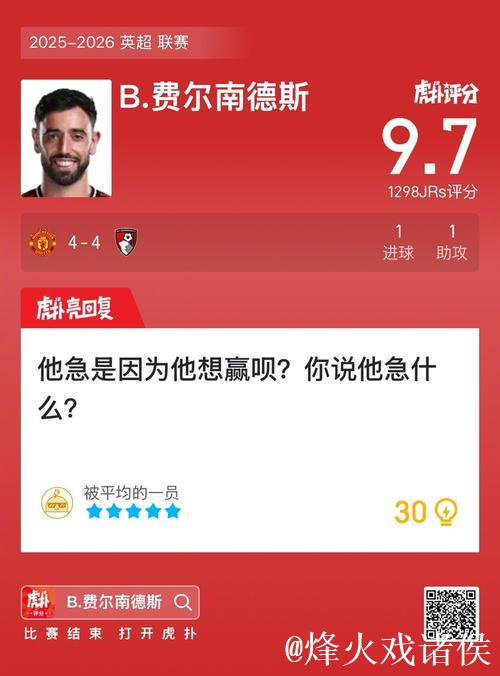 曼联4-4战平伯恩茅斯:B费1射1传斩获全场最高8.8分 曼联4-4战平伯恩茅斯:B费1射1传斩获全场最高8.8分